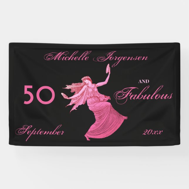 Boho 50th Birthday Pink Woman Dancer Personalized Banner (Horizontal)