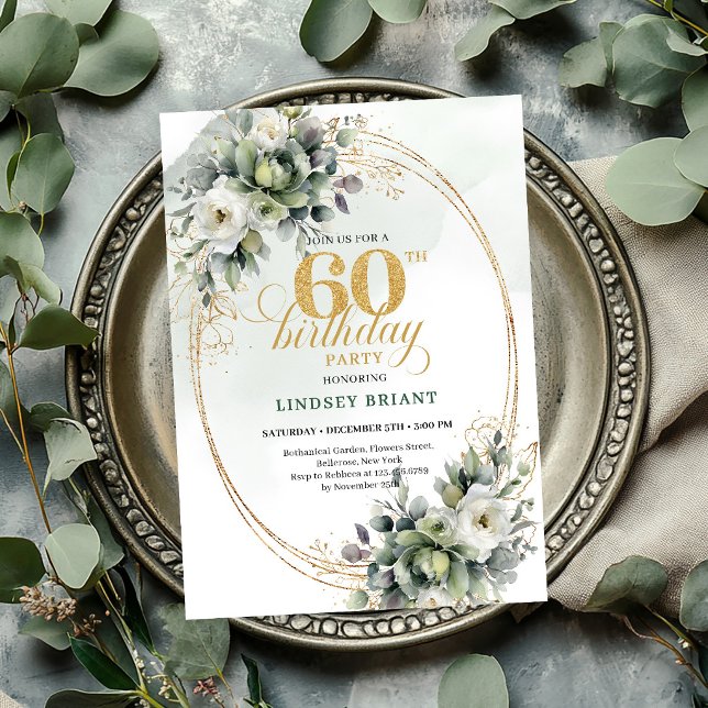 Boho 60th Birthday Green And White Leaf Invite (Boho 60th Birthday Green And White Leaf Invite

)