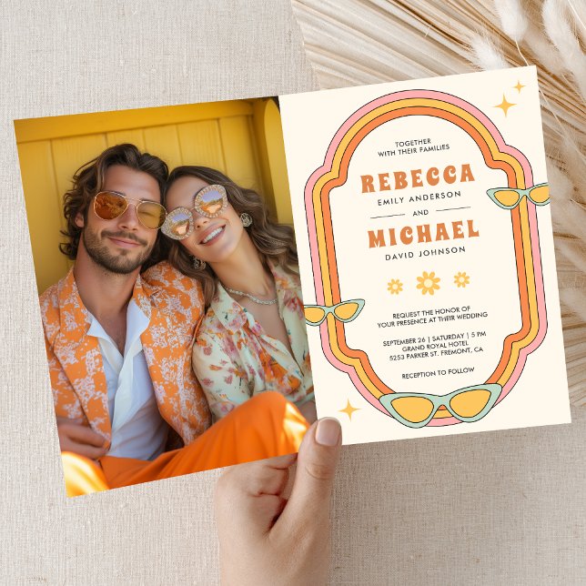 Boho 70s Retro Colourful Groovy Frame Wedding Invitation (Creator Uploaded)