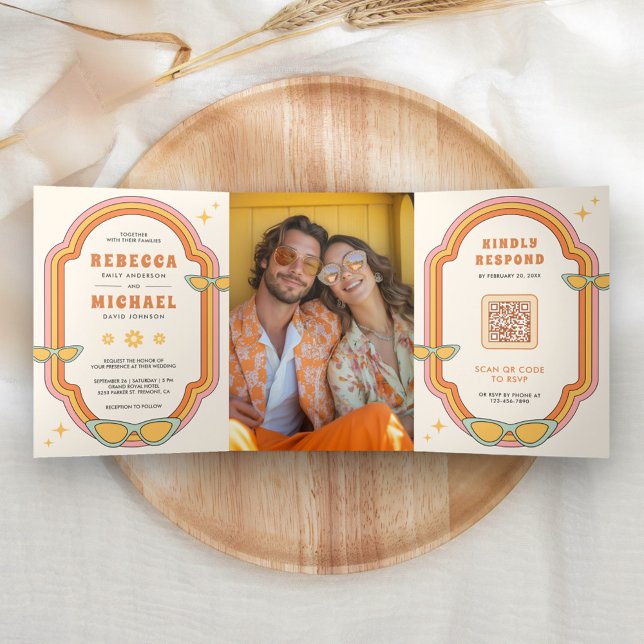 Boho 70s Retro Colourful Groovy Frame Wedding Tri-Fold Invitation (Creator Uploaded)