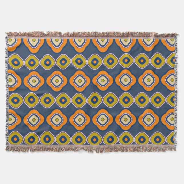 Boho 70s Retro Shapes Pattern Blue Orange  Throw Blanket (Front)