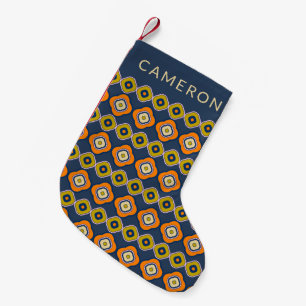 Boho 70s Retro Shapes Pattern in Blue Name Small Christmas Stocking