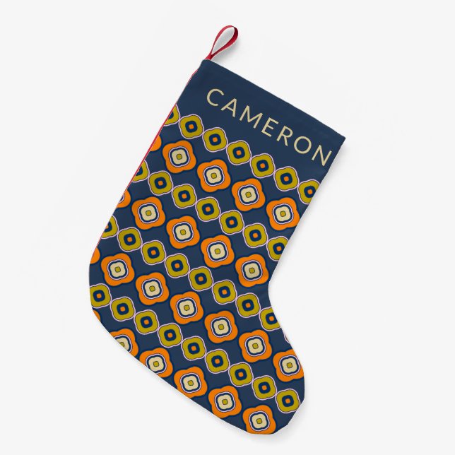 Boho 70s Retro Shapes Pattern in Blue Name Small Christmas Stocking (Front (Hanging))
