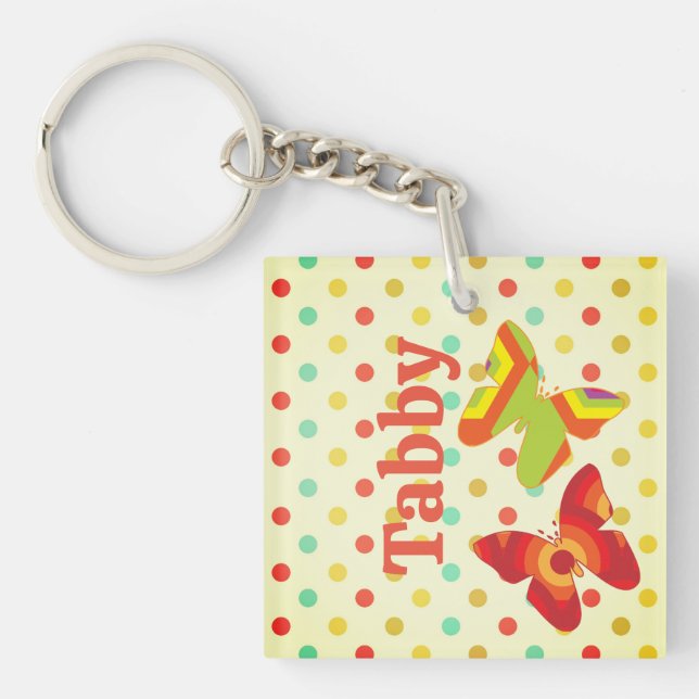 Boho 70's striped polka dot butterfly orange yello keychain (Front)