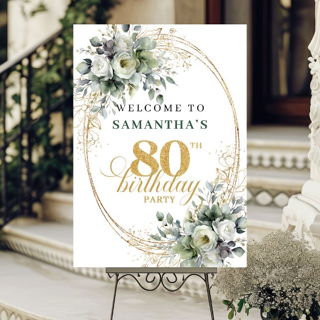 Boho 80th Greenery Gold Birthday Welcome Sign (Boho 80th Greenery Gold Birthday Welcome Sign)