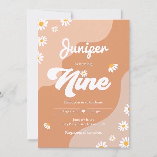 Boho 9th Birthday Daisy Floral Groovy 70's Party Invitation (Front)