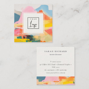 Boho Abstarct Moutain Landscape Pink Blue Logo Square Business Card