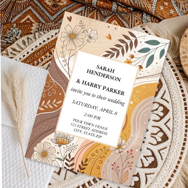 Boho Abstract Beige Floral Wedding  Invitation (Creator Uploaded)
