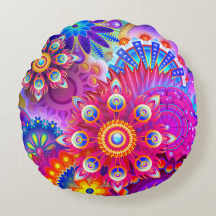 Boho abstract flower round pillow