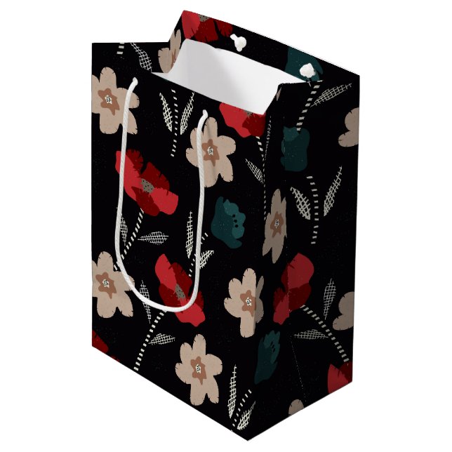 BOHO ABSTRACT FLOWERS ON BLACK MEDIUM GIFT BAG (Front Angled)