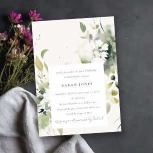 Boho Abstract Green White Floral Birthday Invitation