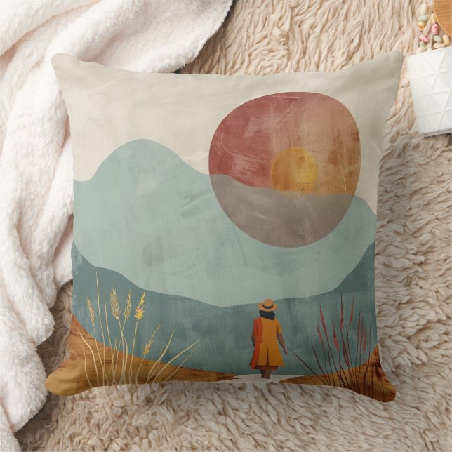 Boho Abstract Landscape (23) Throw Pillow (Blanket)