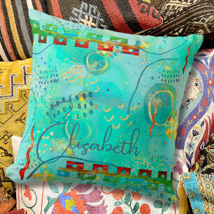 Boho Abstract Mayan Turquoise & Golden Misty Throw Pillow