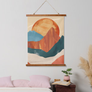 Boho Abstract Mountain Landscape with Sun Hanging Tapestry