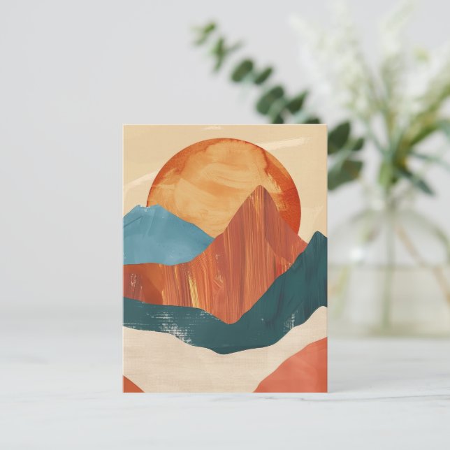 Boho Abstract Mountain Landscape with Sun Postcard (Standing Front)