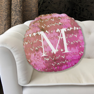 Boho Abstract Pink Tie Dye Pattern Monogrammed Round Pillow