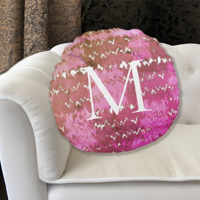 Boho Abstract Pink Tie Dye Pattern Monogrammed Round Pillow (Boho Abstract Pink Tie Dye Pattern Monogrammed Round Pillow)