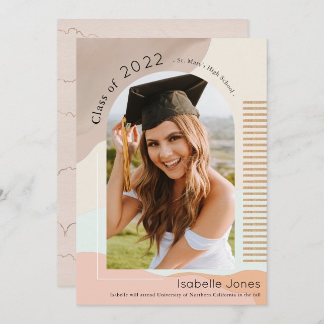 Boho Abstract Shapes Brown & Pink Arch Graduation Invitation (Front/Back)