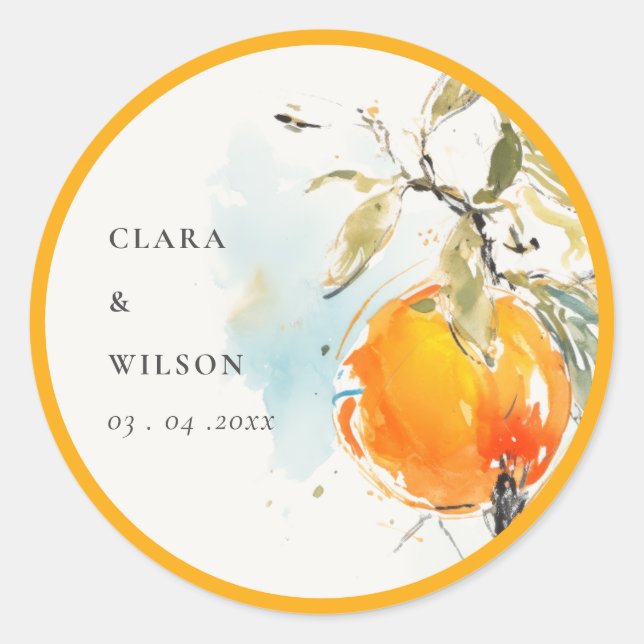 Boho Abstract Sketchy Orange Garden Wedding Classic Round Sticker (Front)