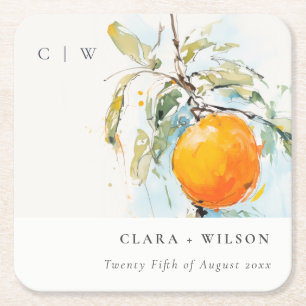 Boho Abstract Sketchy Orange Garden Wedding Square Paper Coaster