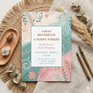Boho Abstract Teal Floral Wedding  Invitation