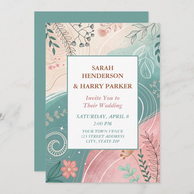 Boho Abstract Teal Floral Wedding  Invitation (Front/Back)