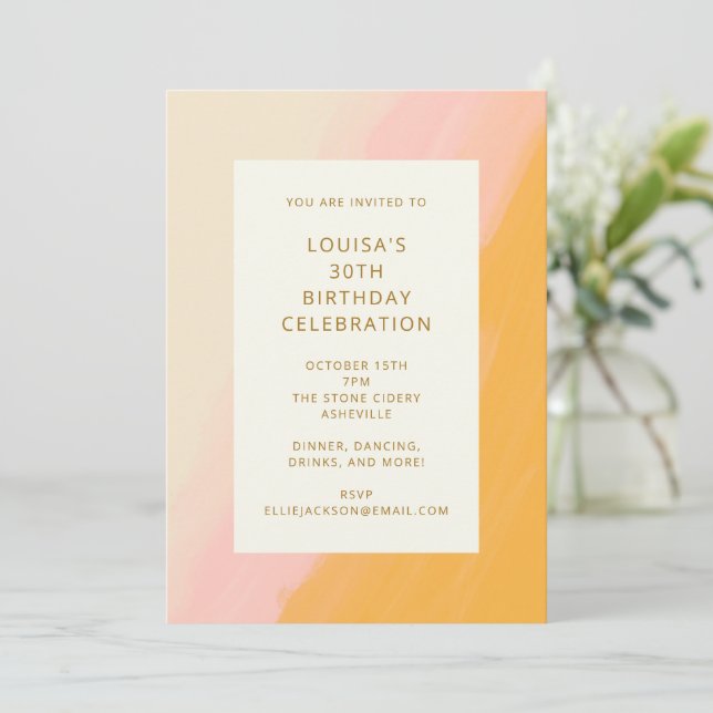 Boho Abstract Watercolor Pink Yellow 30th Birthday Invitation (Standing Front)