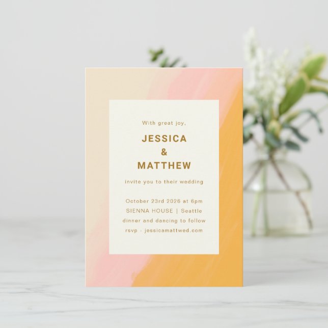 Boho Abstract Watercolor Pink Yellow Wedding  Invitation (Standing Front)