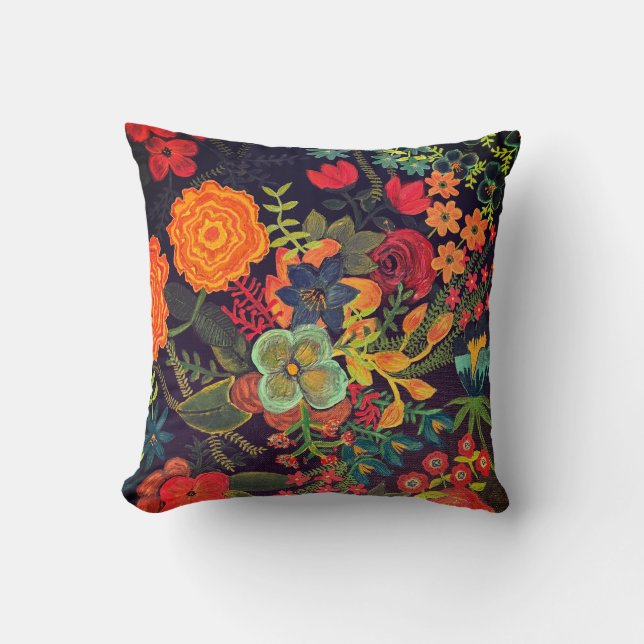 Boho Acrylic Painting Floral Design Throw Pillow (Front)