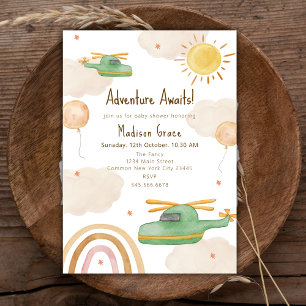 Boho Adventure Helicopter Airplane Baby Shower Invitation