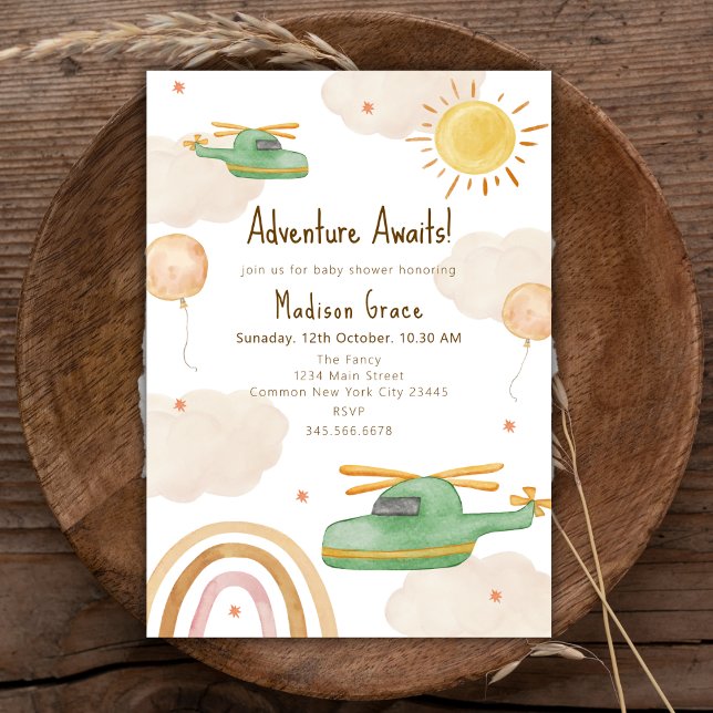 Boho Adventure Helicopter Airplane Baby Shower Invitation (Boho Adventure Helicopter Airplane Baby Shower Invitation)