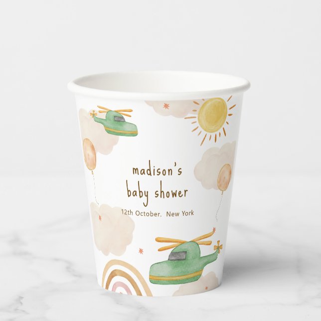 Boho Adventure Helicopter Airplane Baby Shower Paper Cups (Front)