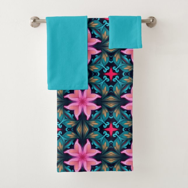 Boho Aliette 3 Blue Pink Bath Towel Set (Insitu)