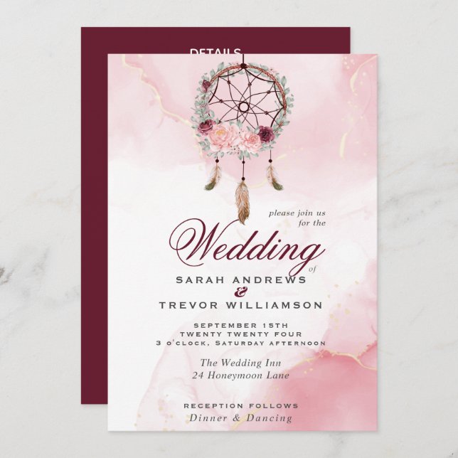 Boho All in One Wedding Pink Maroon Dream Catcher Invitation (Front/Back)