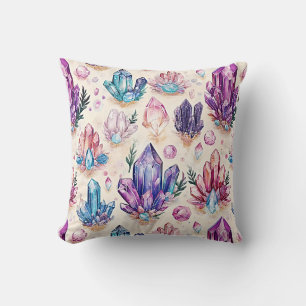 Boho Amethyst & Quartz Gemstone Crystal Zen Throw Pillow
