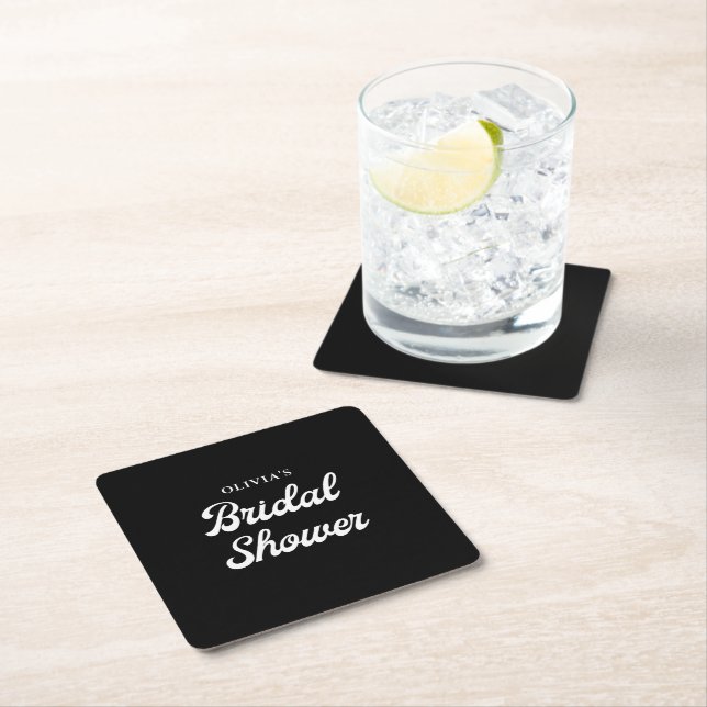 Boho and Retro Black | Bridal Shower  Square Paper Coaster (Insitu)