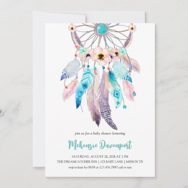 Boho Anemone Floral Teal Dreamcatcher Baby Shower Invitation (Front)