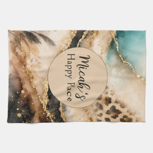 Boho Animal Print, Gold Agate Beige Blue Black Kitchen Towel