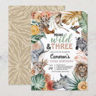 Boho Animal Safari Wild and Three Birthday Invitation