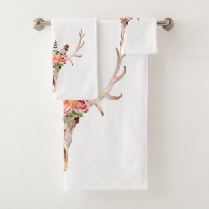 BoHo Animal Skull Watercolor Roses Bath Towel Set