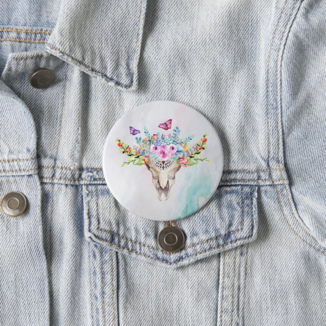 Boho Animal Skull with Butterflies and Flowers 3 Inch Round Button (In Situ)