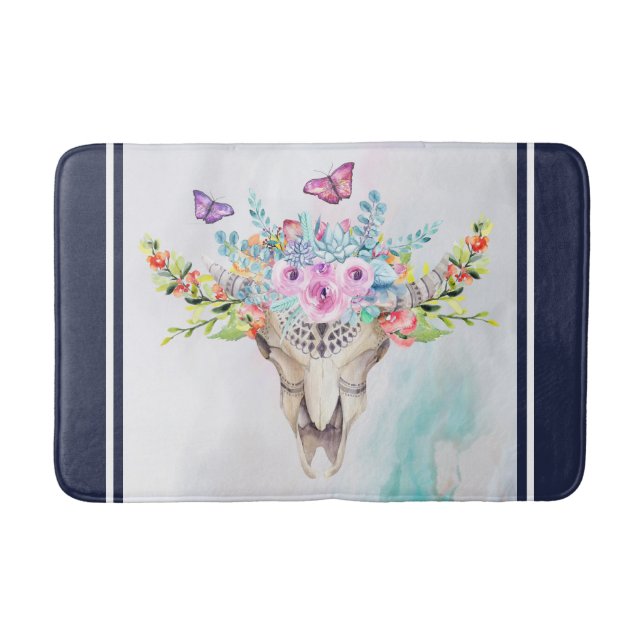 Boho Animal Skull with Butterflies and Flowers Bath Mat (Front)