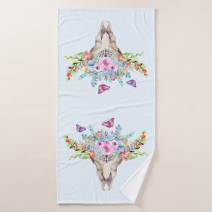 Boho Animal Skull with Butterflies and Flowers Bath Towel Set