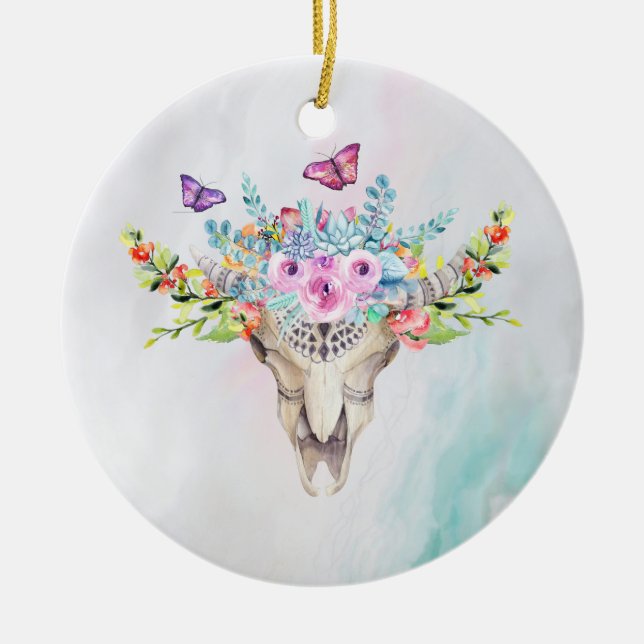 Boho Animal Skull with Butterflies and Flowers Ceramic Ornament (Front)