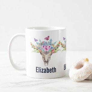 Boho Animal Skull with Butterflies and Flowers Coffee Mug