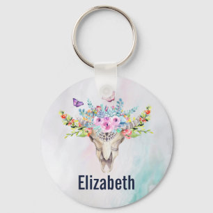 Boho Animal Skull with Butterflies and Flowers Keychain