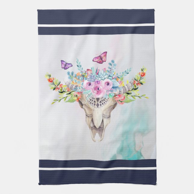 Boho Animal Skull with Butterflies and Flowers Kitchen Towel (Vertical)