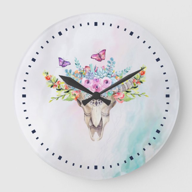 Boho Animal Skull with Butterflies and Flowers Large Clock (Front)