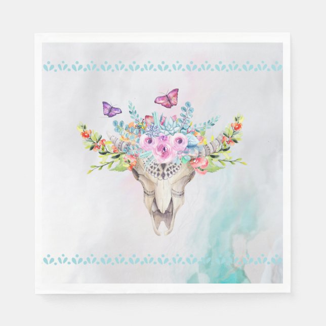 Boho Animal Skull with Butterflies and Flowers Napkin (Front)