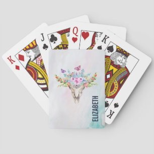 Boho Animal Skull with Butterflies and Flowers Playing Cards